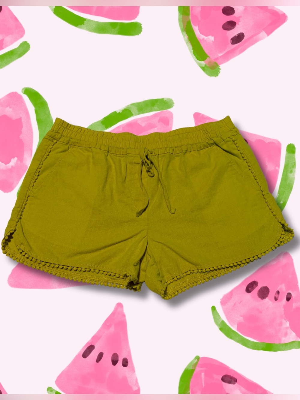 LOFT Lime High-Waisted Linen-blend Pom-Trim Drawstring Shorts